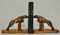 Art Deco Metal Spotted Leopard Bookends on Wood Base