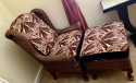 Wicker High Back Art Deco Chair and Stool  with Original Fabric
