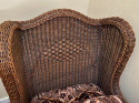 Wicker High Back Art Deco Chair and Stool  with Original Fabric