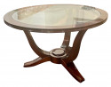 Leleu style Art Deco French Round Wood Coffee Table with Glass Top