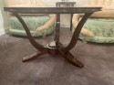 Art Deco French Round Wood Coffee Table with Glass Top