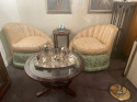 Art Deco French Round Wood Coffee Table with Glass Top
