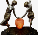 1920's  Art Deco Sculpture in Bronze Signed 'Matto' (Marcel Bouraine), Two Woman With Tambourine and Light